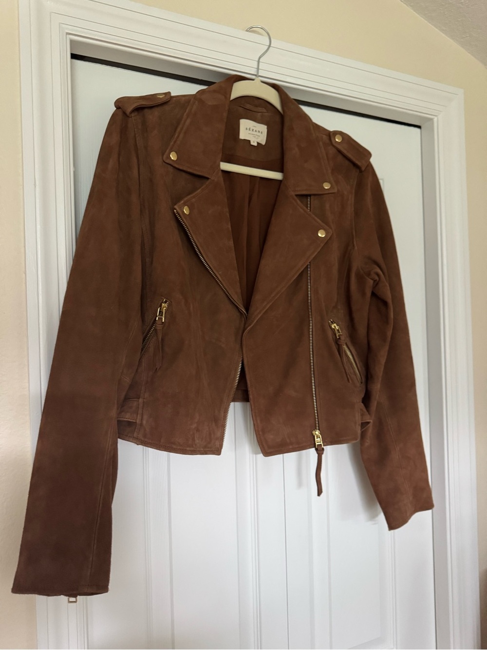 Sezane Brown Suede Zig Moto Jacket
